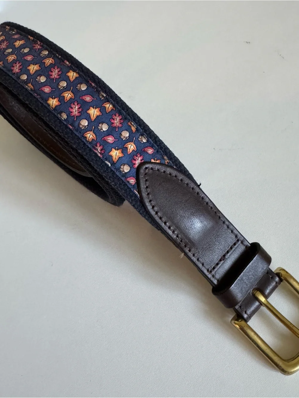 Vineyard Vines Mens Size 38 Fall Autumn Leaves & Acorns Canvas Leather Belt